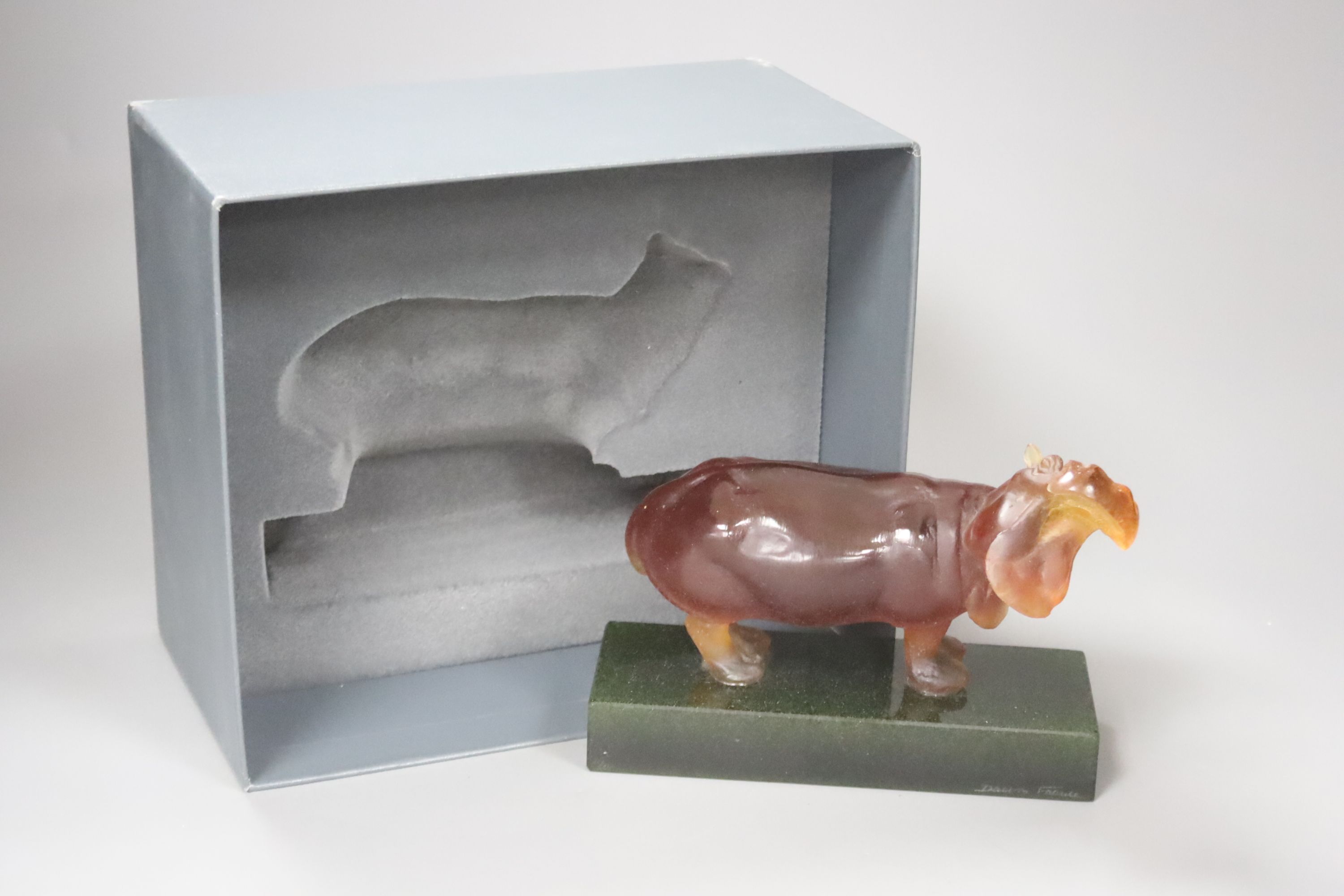 A Daum signed and boxed glass model of a hippopotamus